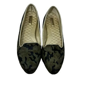 Birdies The Blackbird Shoes Green Camo Calf Hair Flats size 6.5 smoking loafers